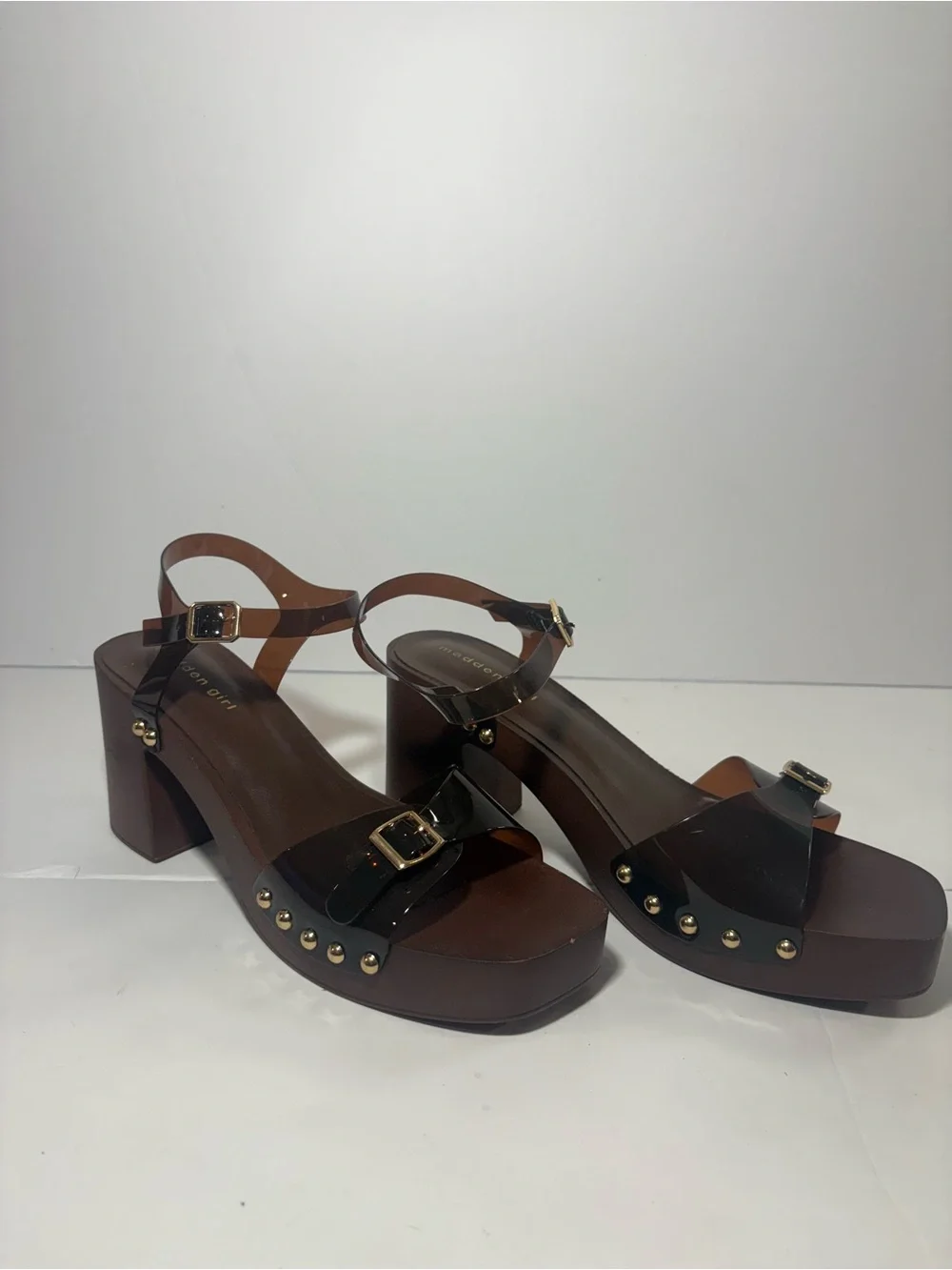 Madden Girl Brown Studded Platform Block Heel Buckle Ankle Strap Sandals